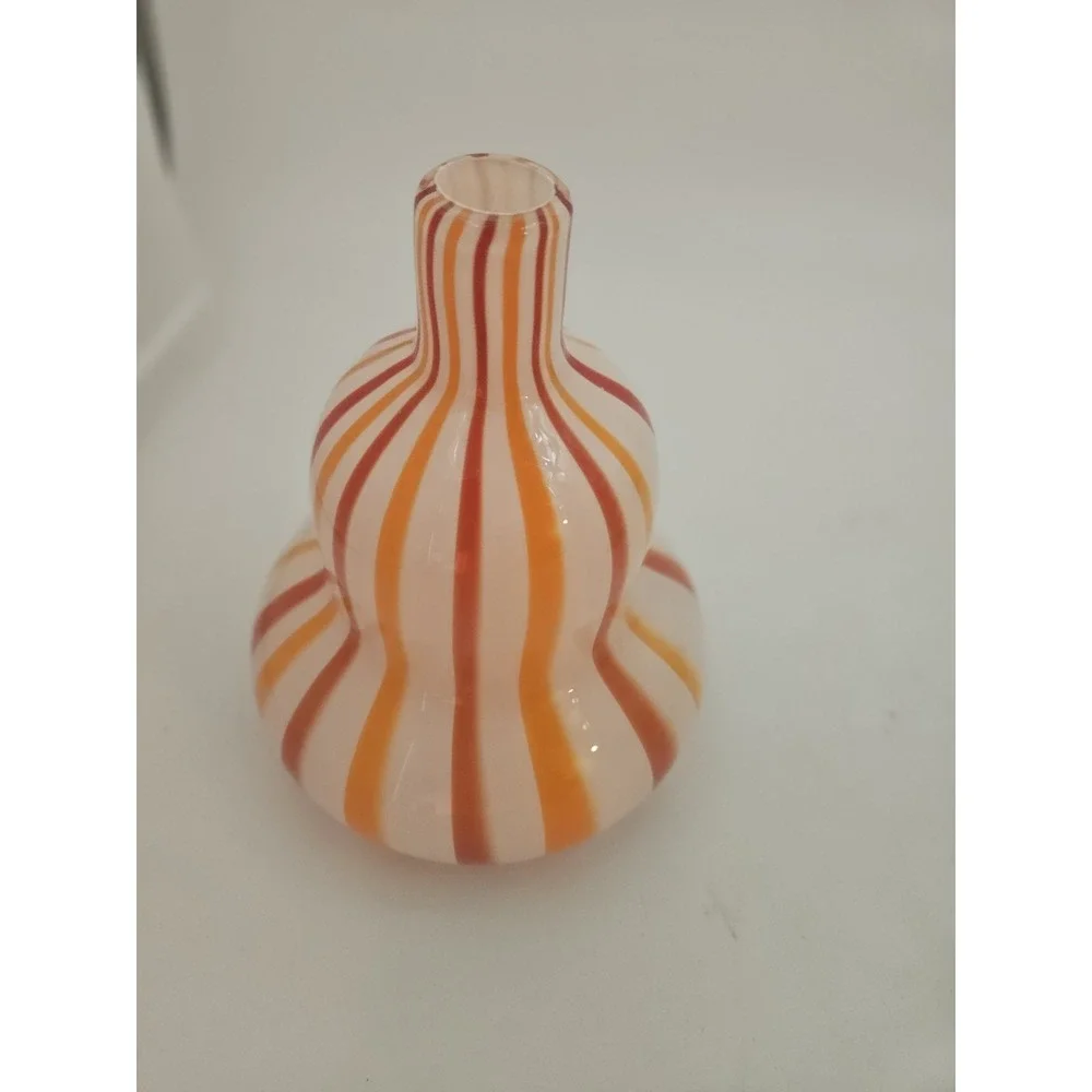 Murano-style Double-gourd Art Glass Vase Vibrant Red and Orange Stripes 7